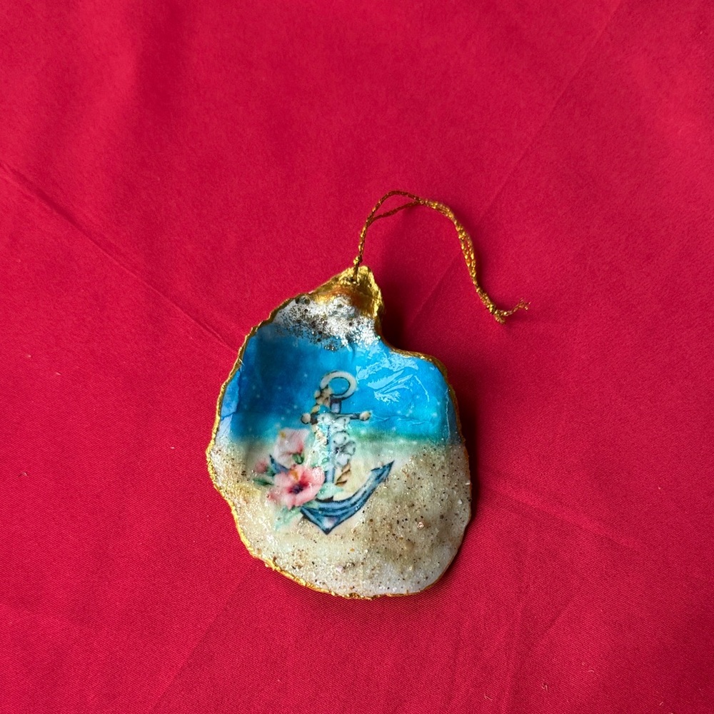 Nautical Anchor Oyster Shell Ornament with Gold Trim